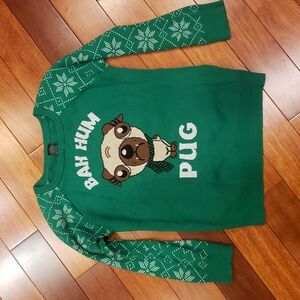 Bah Hum Pug Christmas dog V-neck knit sweater. Kid's XL 14-16